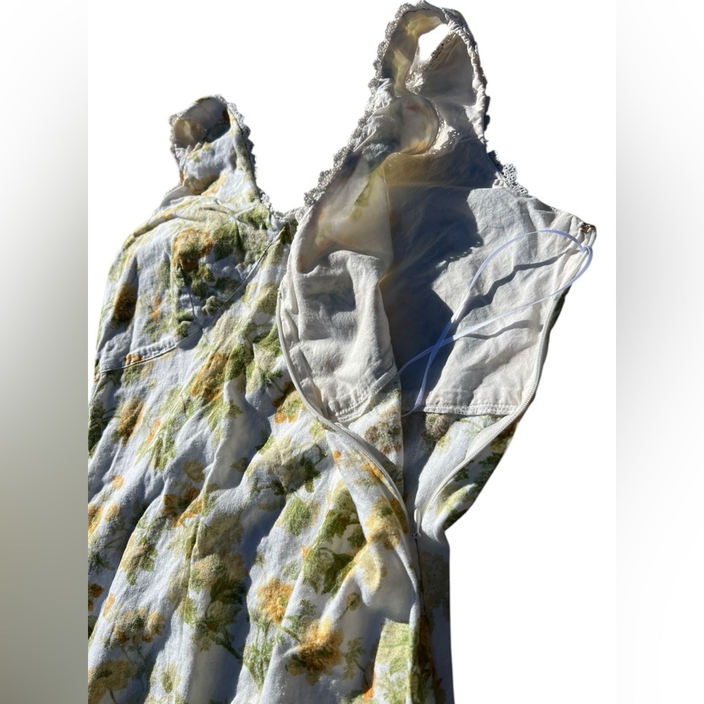 VTG LAURA ASHLEY Linen Floral Yellow Roses Midi Dress Cottage Garden Lace Trim 6 - Picture 10 of 16